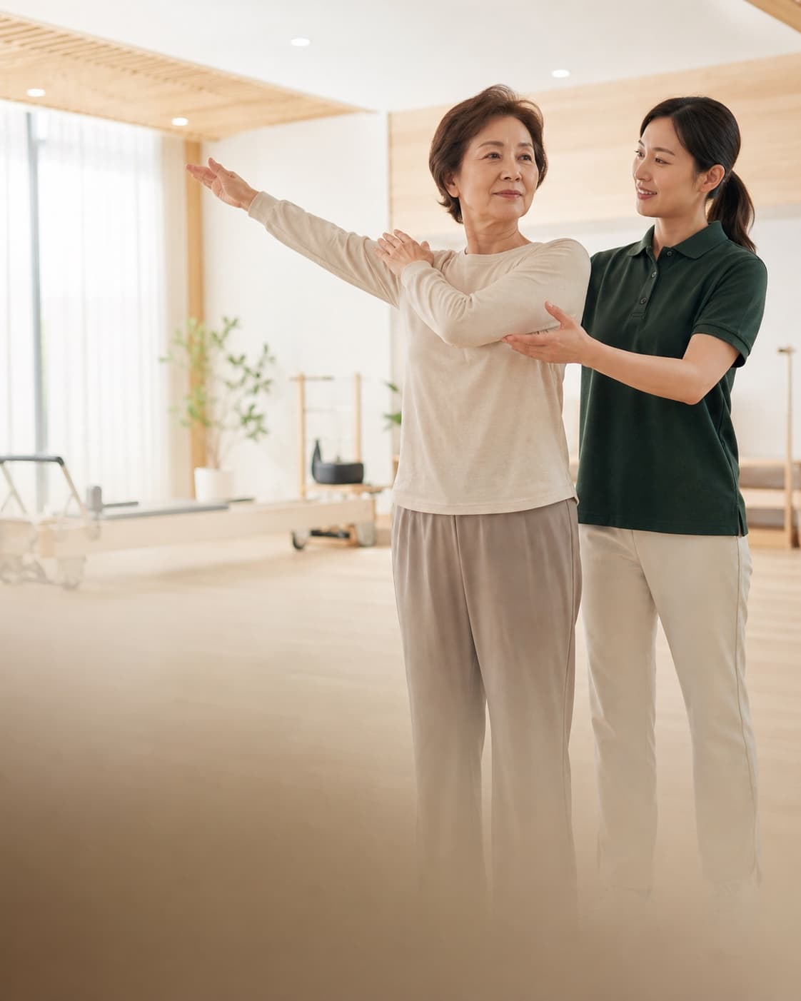 밝은 운동 공간에서 이용자의 움직임을 안내하는 전문가